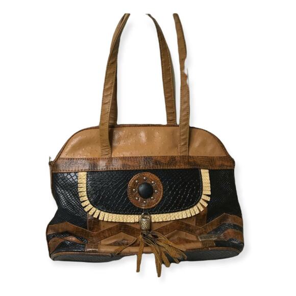 Famous RENAIS southwestern handbag multi color leather ostrich croc Boho - Picture 1 of 8